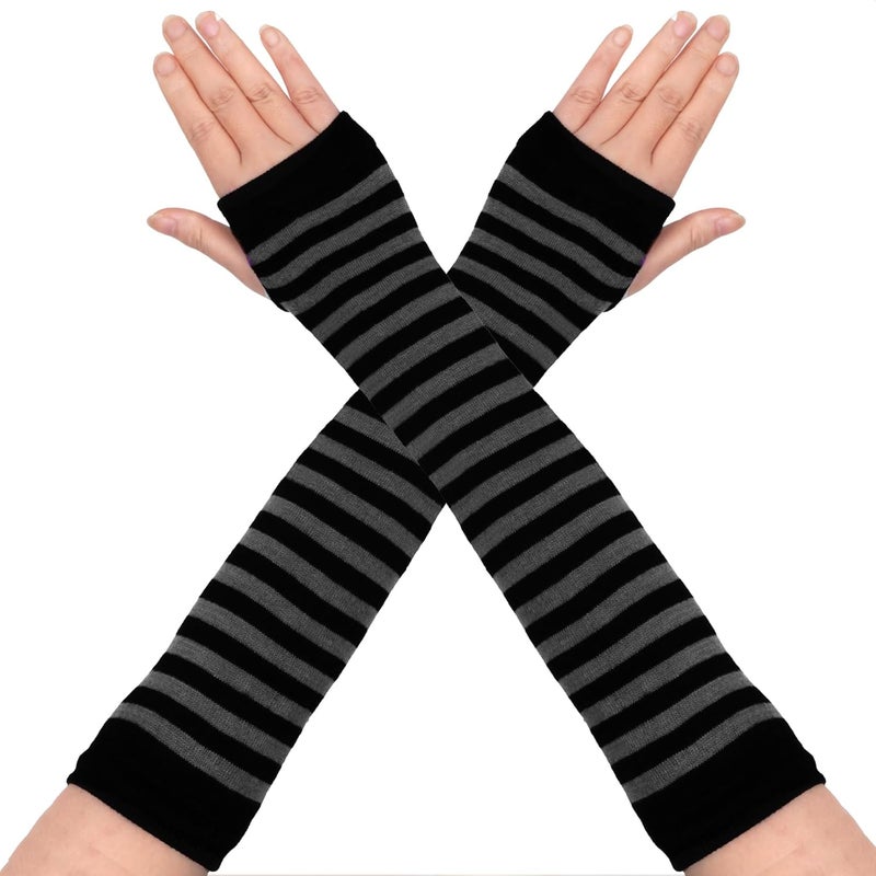 Tongcloud 1 Pair Womens Girls Punk Gothic Striped Knitted Arm Warmers Fingerless Gloves for Halloween Costume - Image 1
